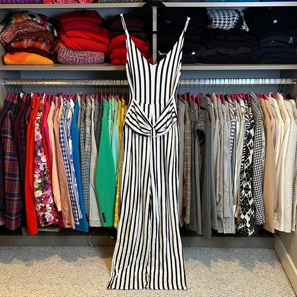 Love Tree white/black striped adjustable strap v neck jumpsuit size L